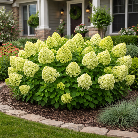 Large green shrub in a garden bed with a house in the background