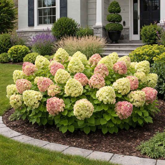 Hydrangea bush with pink and green flowers in front of a house.