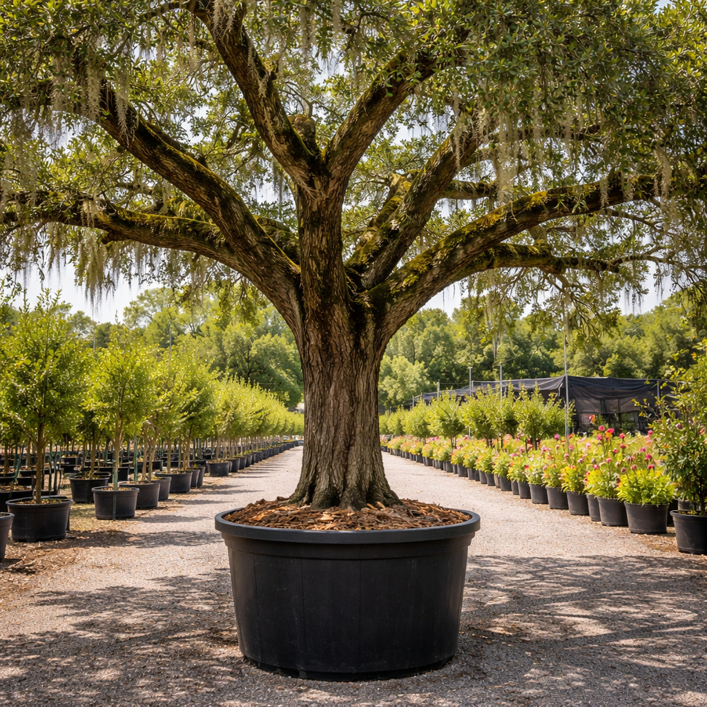 Large tree in a pot with a row of other trees in the background