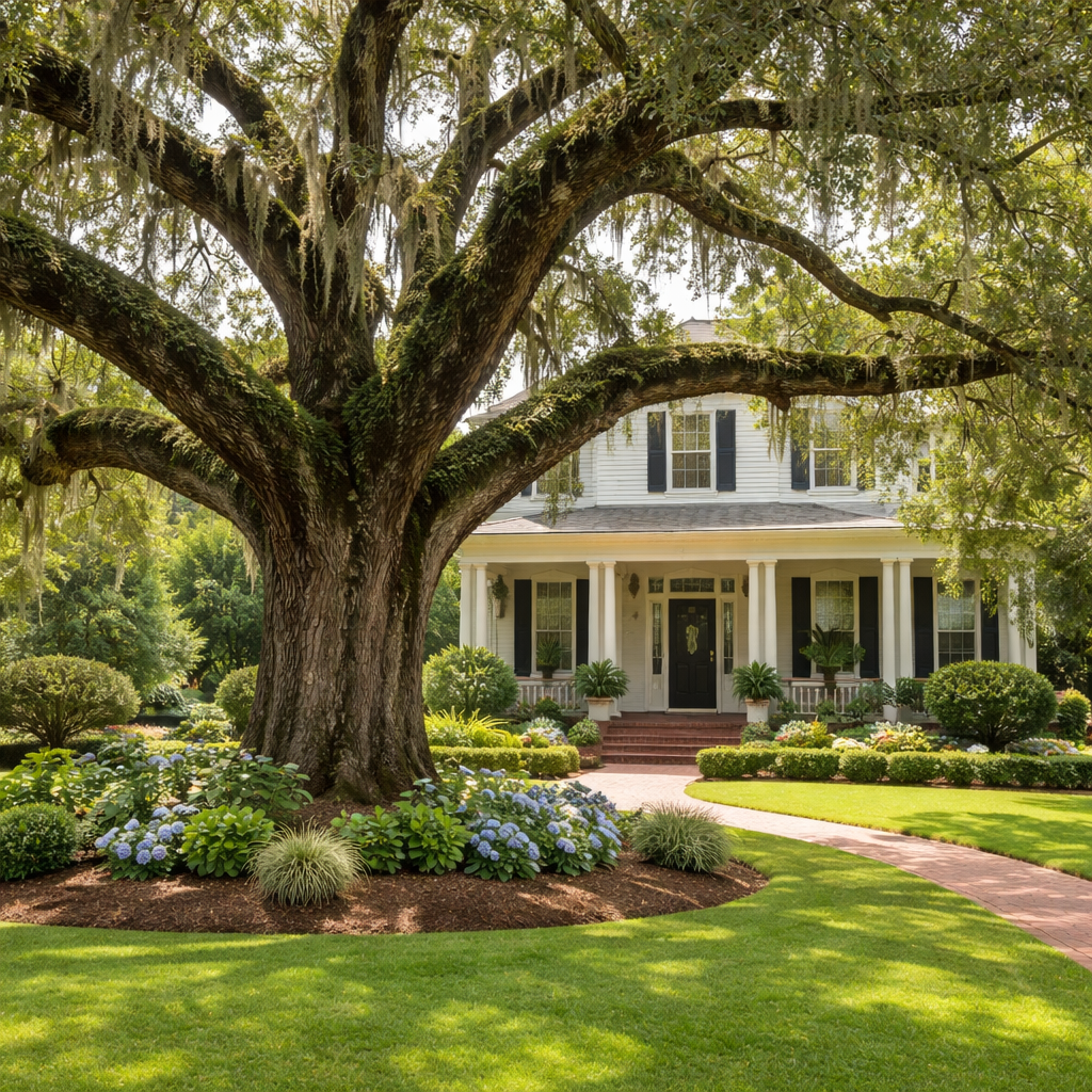 Large tree in front of a white house with black shutters, surrounded by well-maintained garden.
