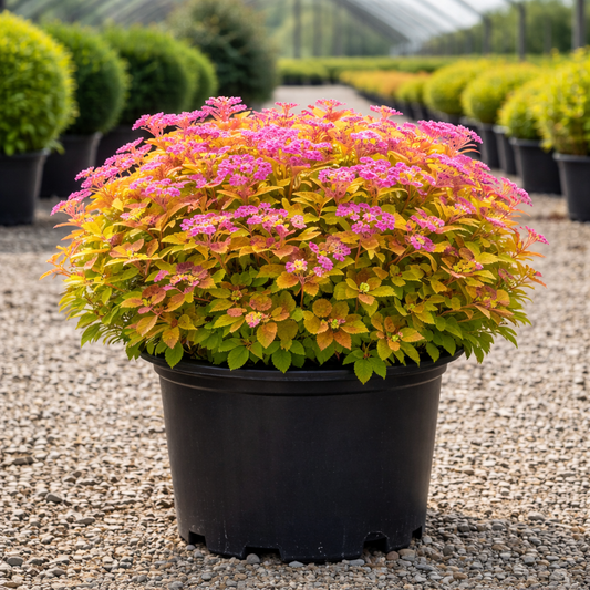 Potted plant with pink and green foliage on a gravel surface