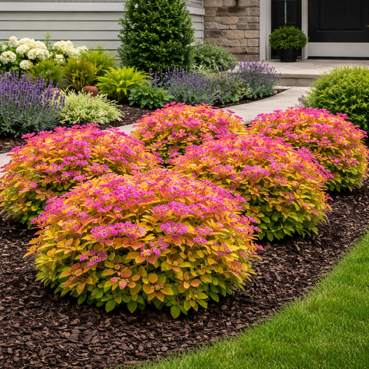 Colorful flowering shrubs in a garden bed with a house in the background