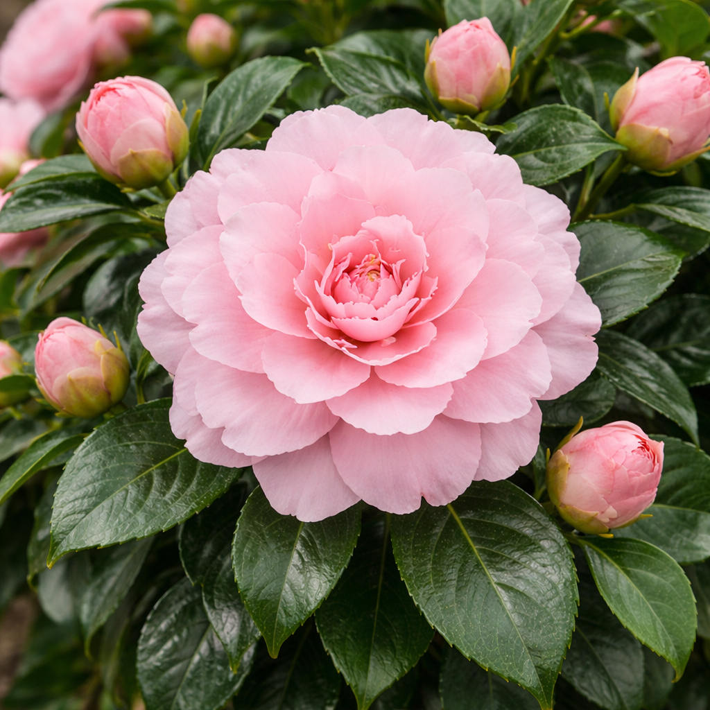 Close-up of a pink flower with green leaves and buds in the background