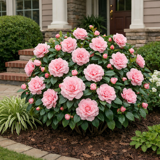 Bush of pink flowers in a garden setting with a house in the background