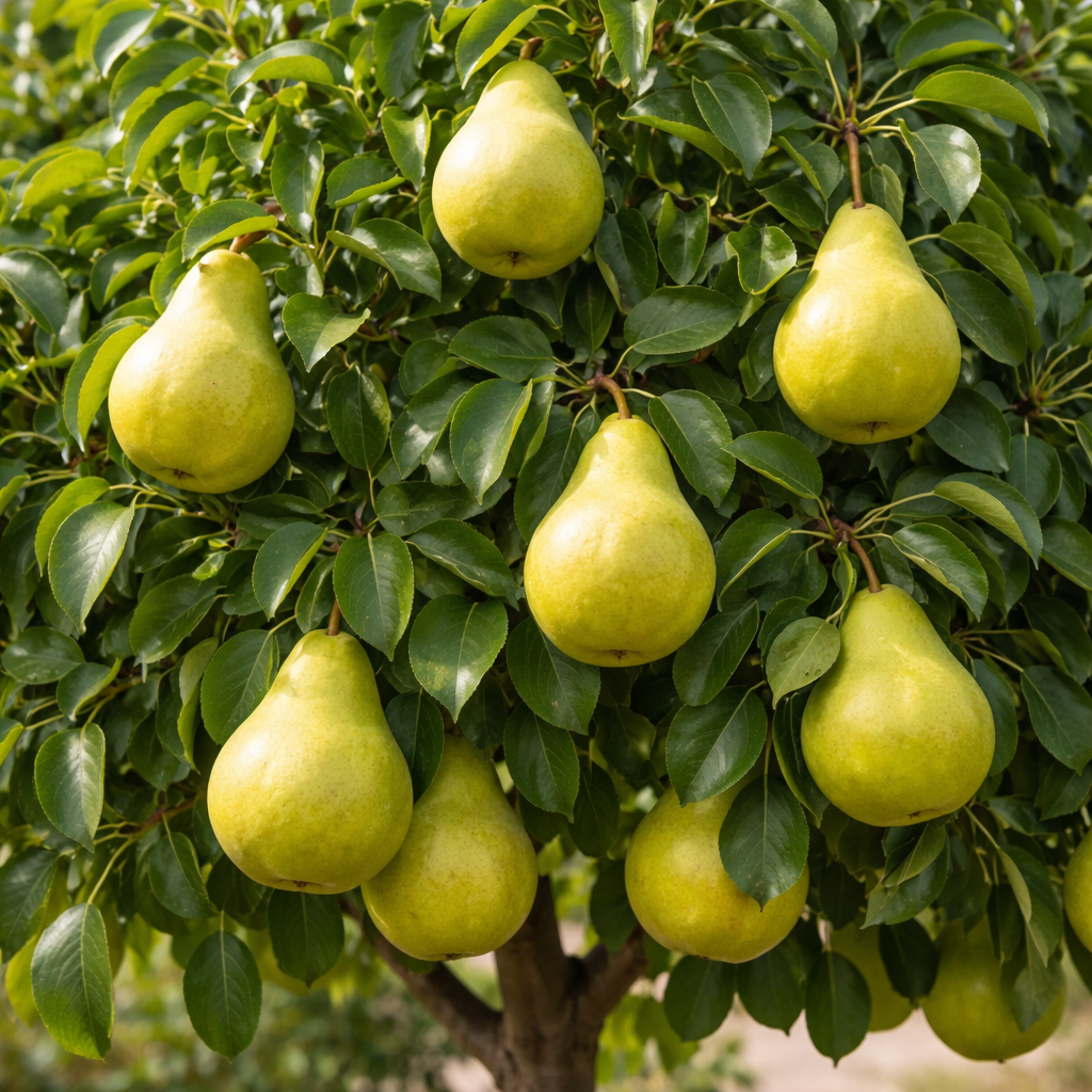 Green pears hanging from a tree with leaves