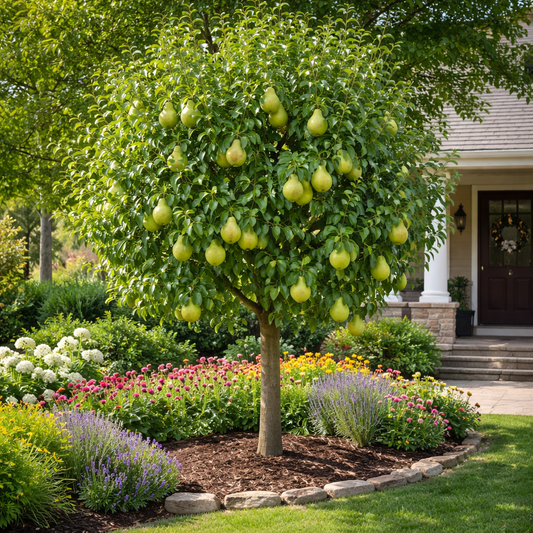 Lush garden with a tree bearing fruit in front of a house
