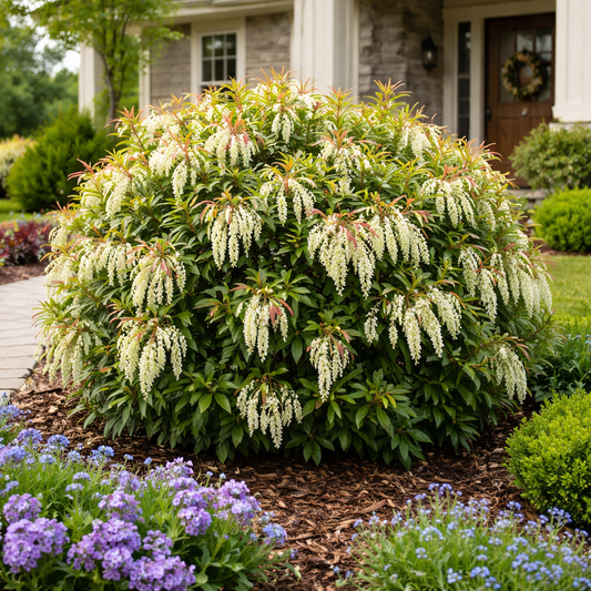 Flowering shrub in a garden with a house in the background