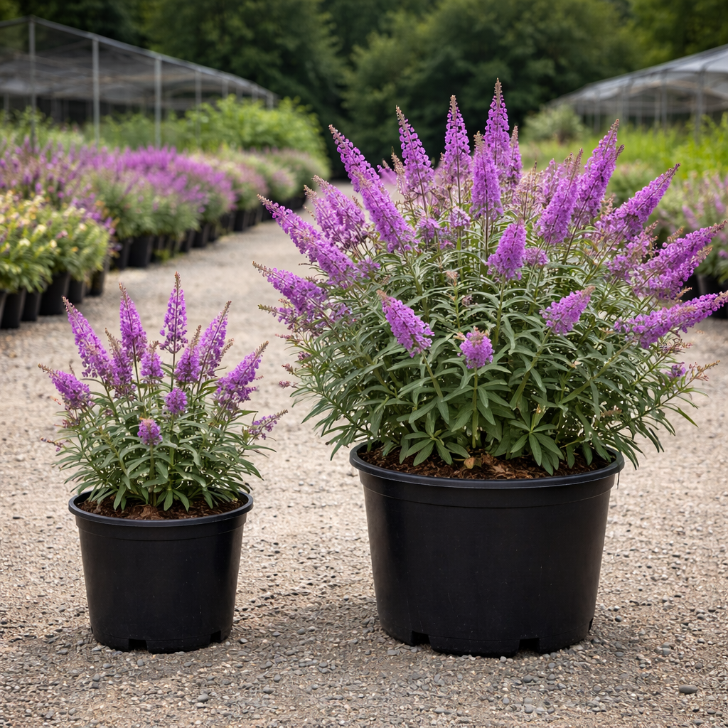 Potted purple flowering plants in a garden setting