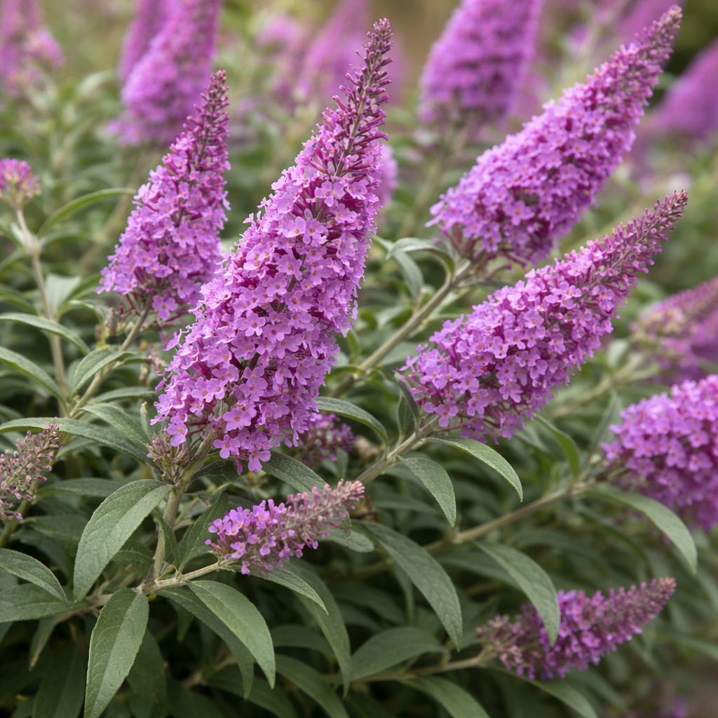 Close-up of purple butterfly bush flowers with green leaves.