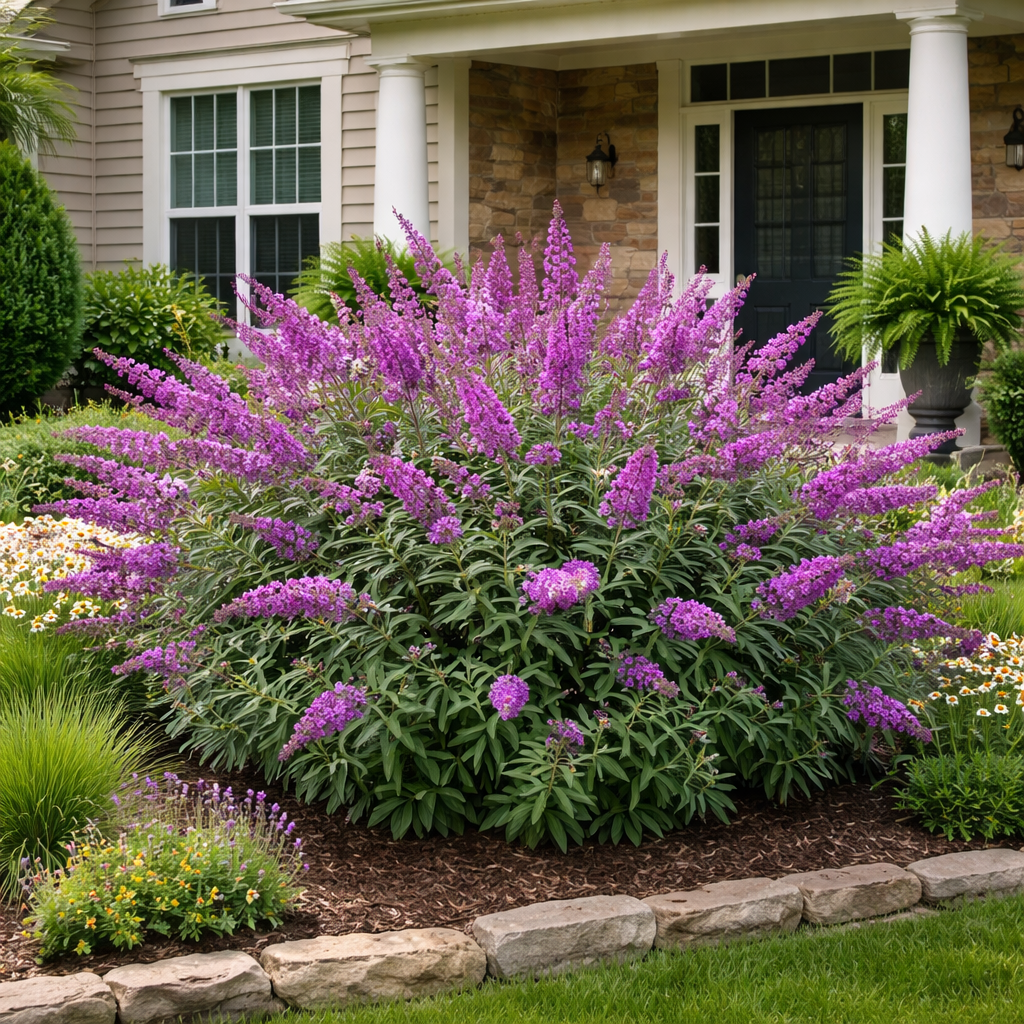 Purple flowering bush in a garden with a house in the background