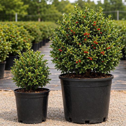 Two potted plants with green leaves and red berries on a gravel surface.