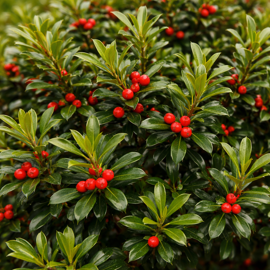 Close-up of a bush with red berries and green leaves