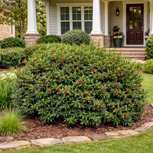 Green bush with red berries in front of a house with a porch.