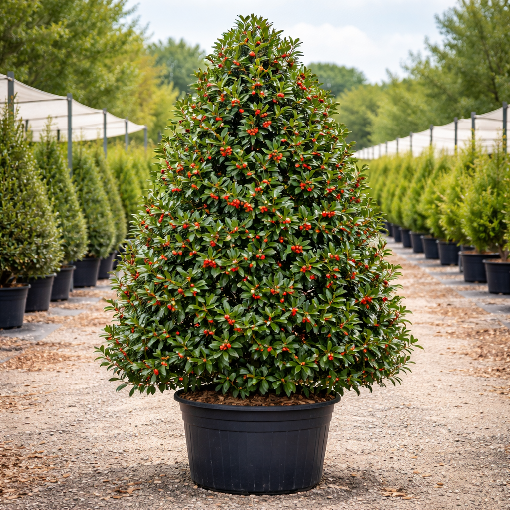 Potted holly tree with red berries in a nursery setting