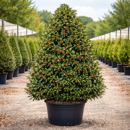 Potted holly tree with red berries in a nursery setting