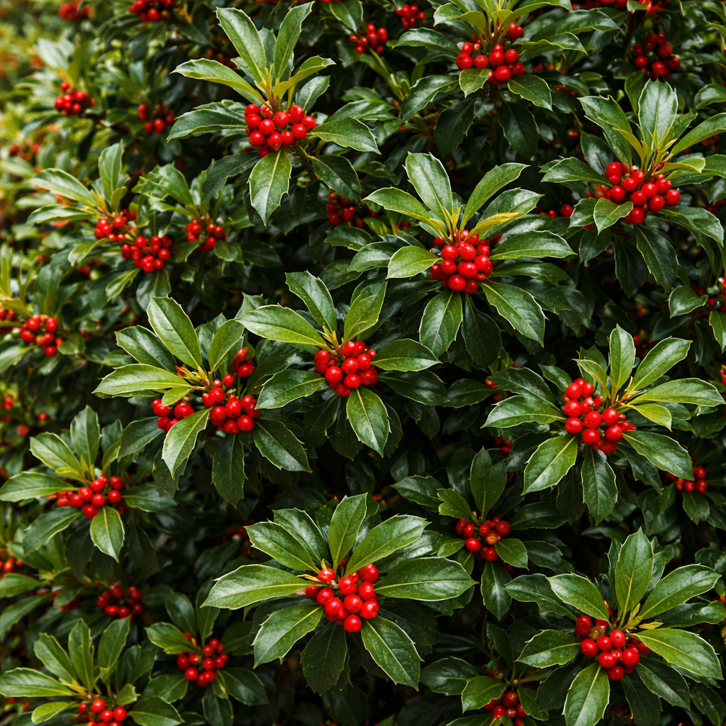 Close-up of holly leaves with red berries