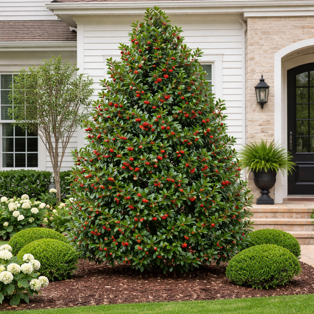 Large evergreen tree with red berries in front of a house