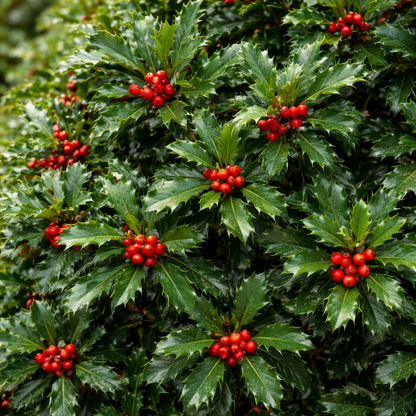 Close-up of holly leaves with red berries