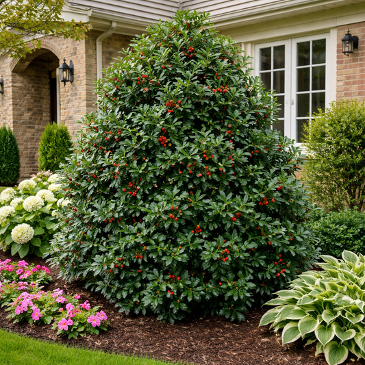 Large green bush with red berries in a garden setting with a house in the background