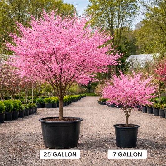 Two potted trees with pink blossoms, labeled '25 Gallon' and '7 Gallon', in a garden setting.