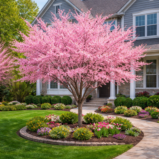 Pink flowering tree in a well-maintained garden with a house in the background