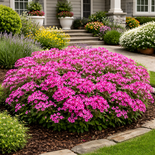 Bush of pink flowers in a garden with a house in the background