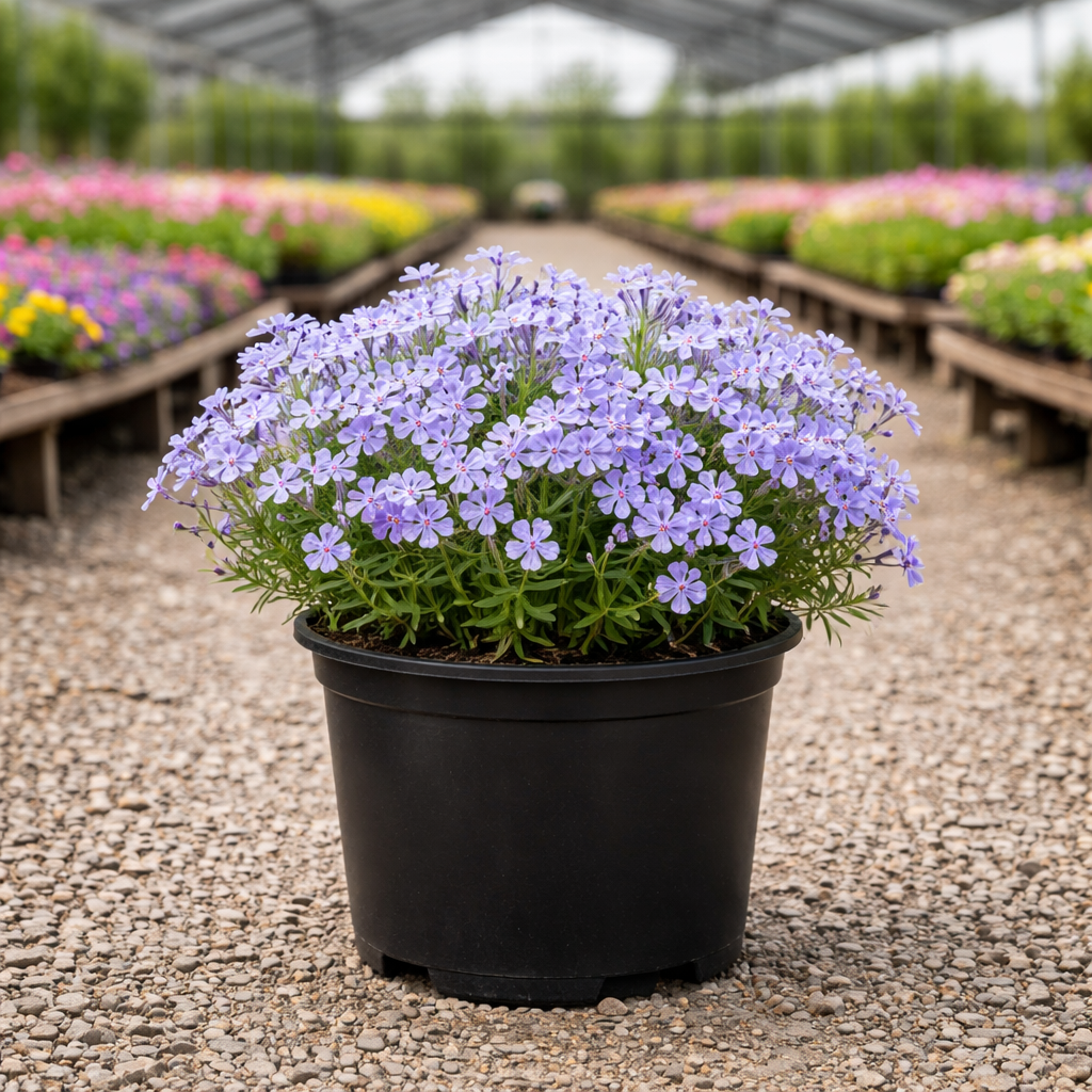 Potted plant with purple flowers in a greenhouse setting