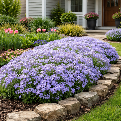 Bouquet of purple flowers in a garden setting with a house in the background