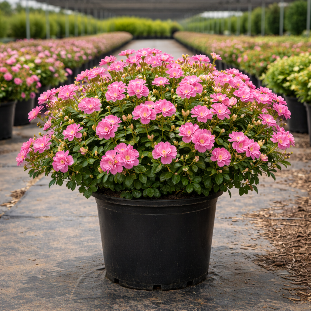 Potted plant with pink flowers in a nursery setting