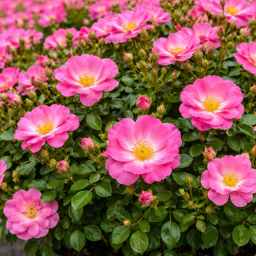 Close-up of pink flowers with green leaves