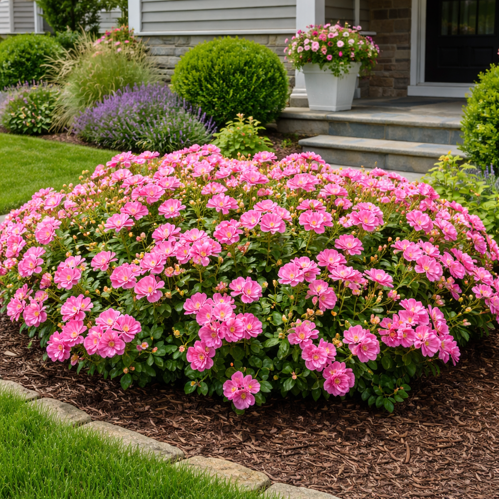 Bouquet of pink flowers in a garden setting with a house in the background