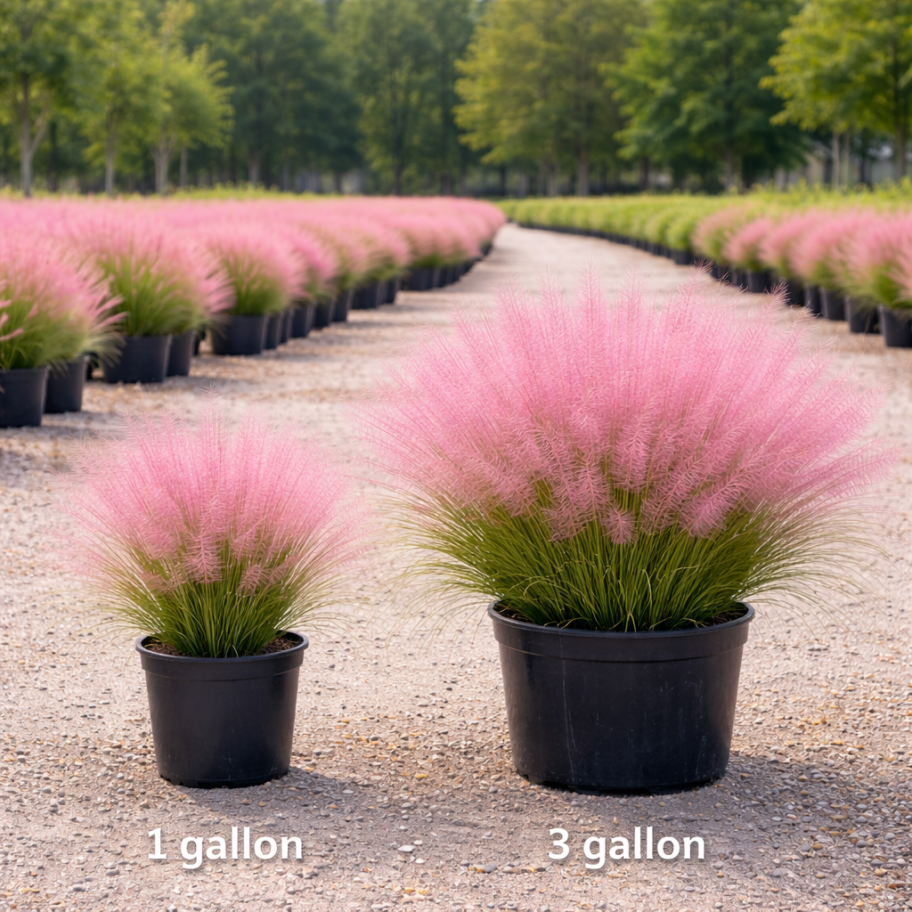 Row of potted plants with pink foliage labeled '1 gallon' and '3 gallon' in a nursery setting.