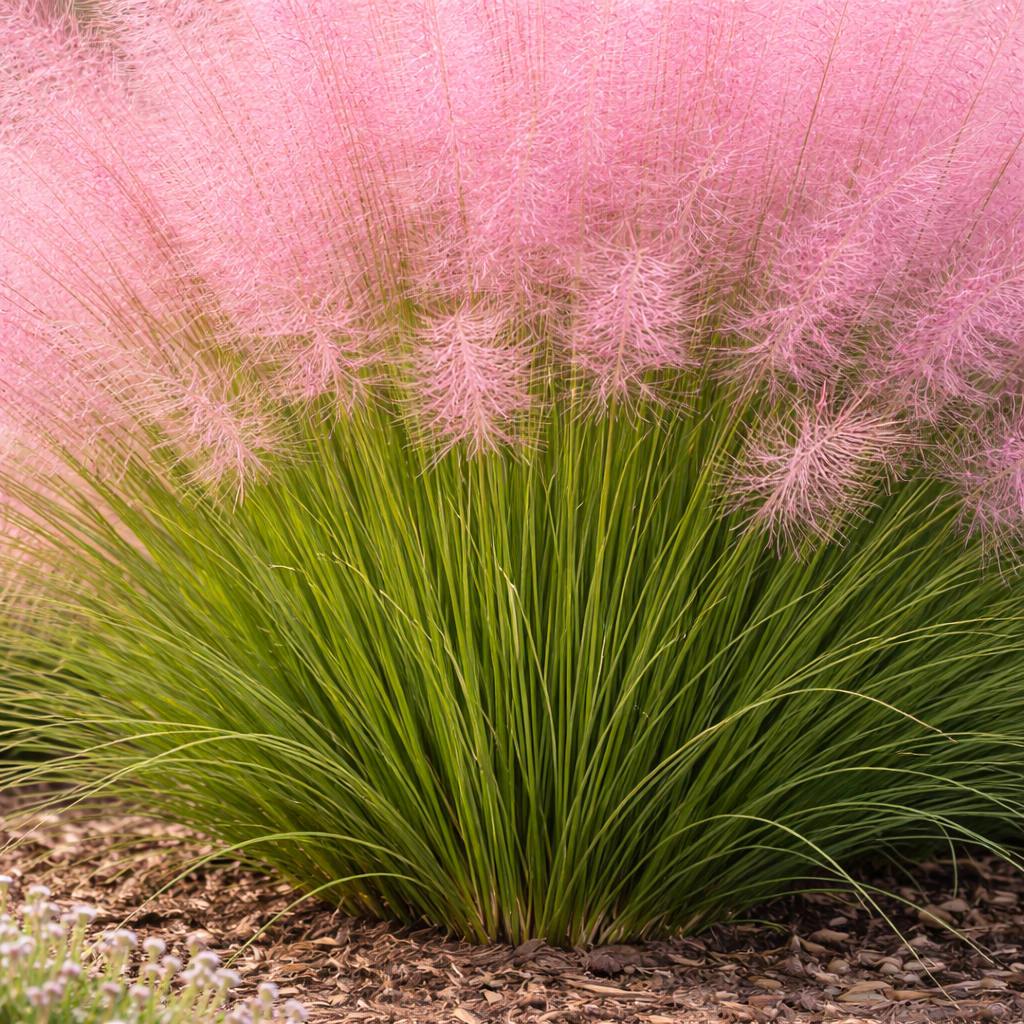 Pink grass with green leaves on a natural background