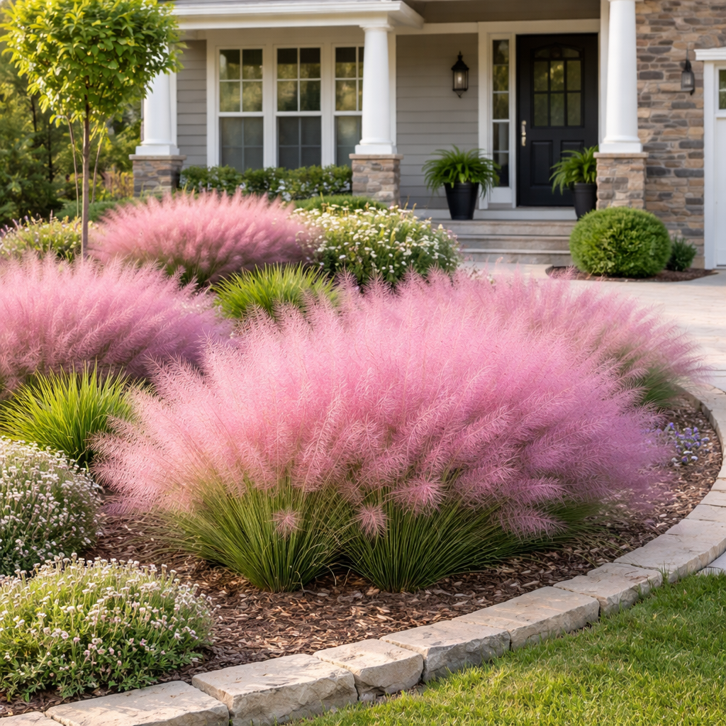 Pink grasses in a garden with a house in the background