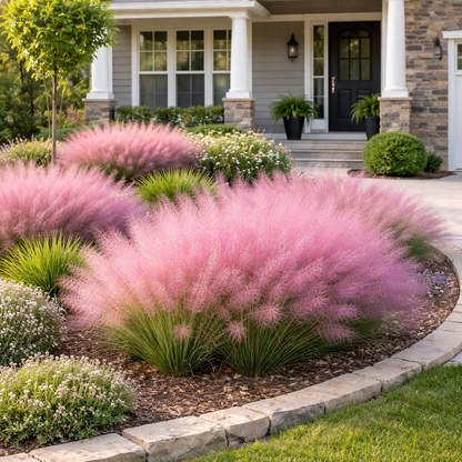 Pink grasses in a garden with a house in the background