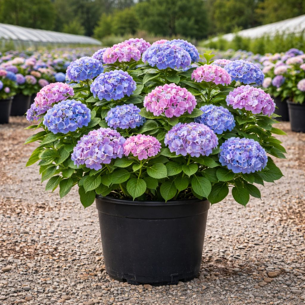 Potted hydrangea plant with purple and blue flowers in a greenhouse setting