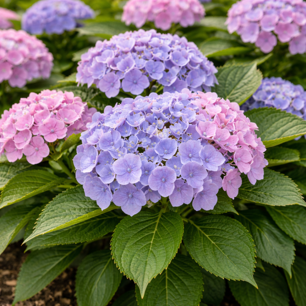 Close-up of pink and purple hydrangea flowers with green leaves.