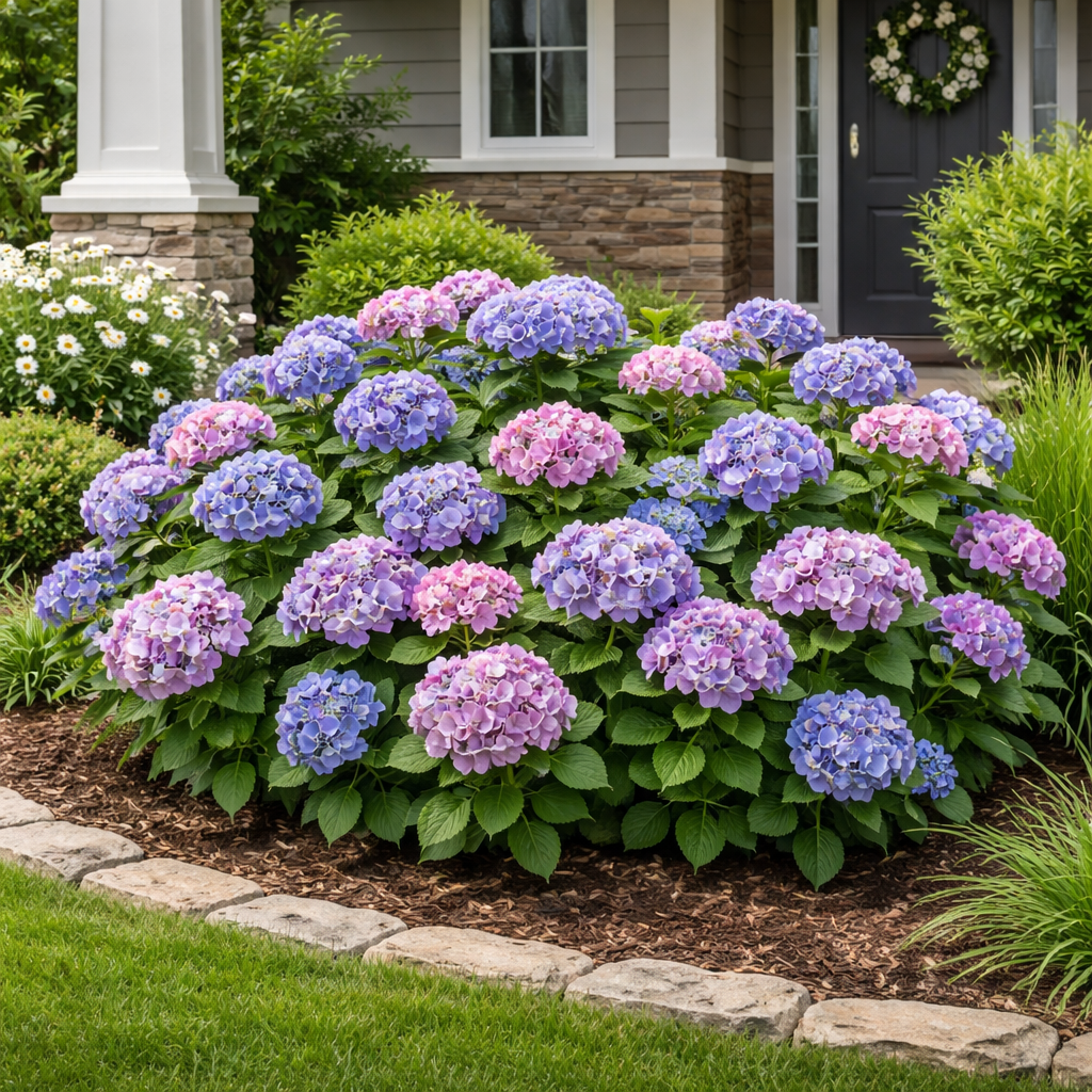 Bouquet of purple and blue flowers in a garden setting with a house in the background.