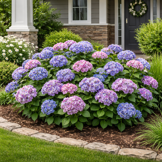 Bouquet of purple and blue flowers in a garden setting with a house in the background.