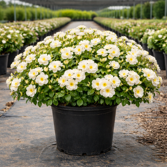 Potted plant with white flowers in a greenhouse setting
