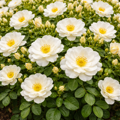 Close-up of white flowers with yellow centers on a green bush