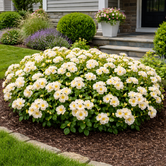 Blossoming white flower bush in a garden with a house in the background