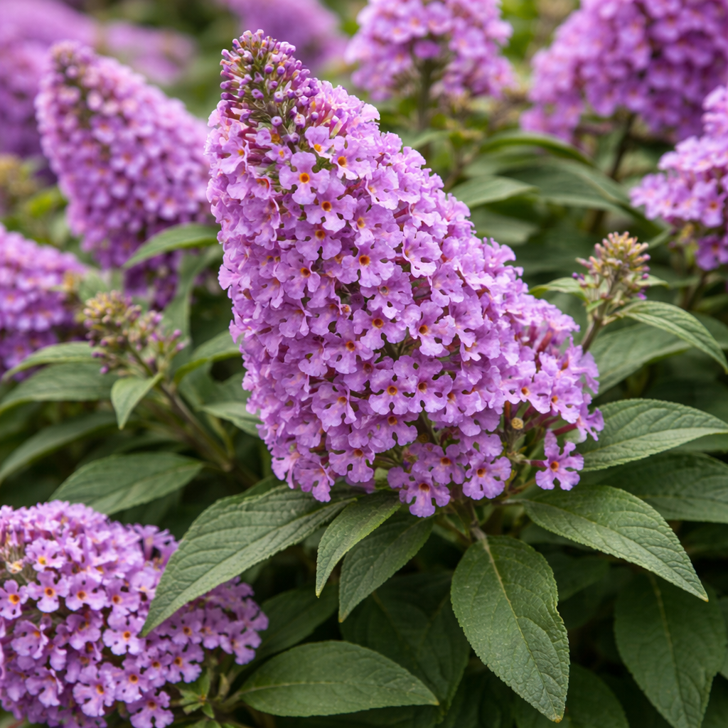 Close-up of a purple flower bush with green leaves