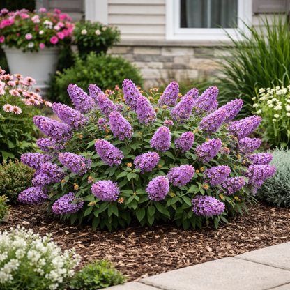 Purple flowering shrub in a garden setting with mulch and plants around.
