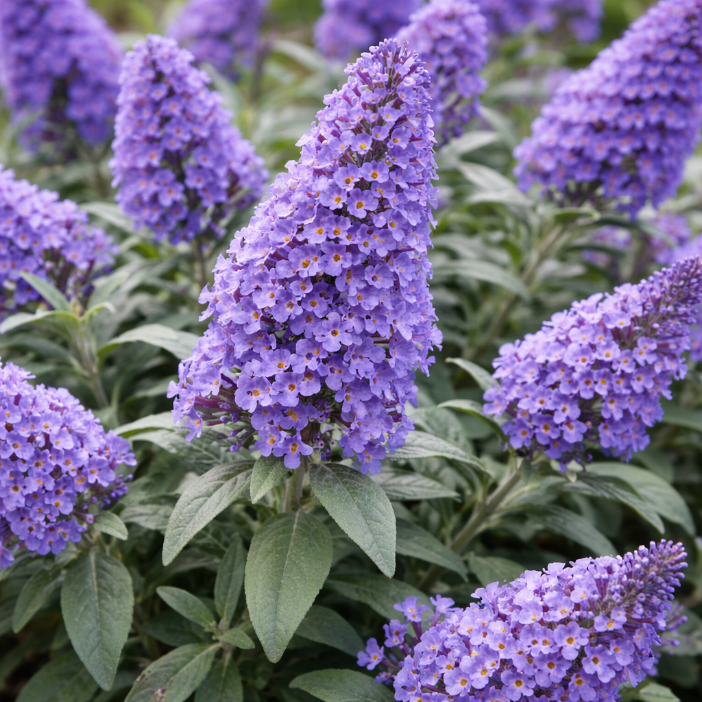 Buddleja flowers with purple blossoms and green leaves