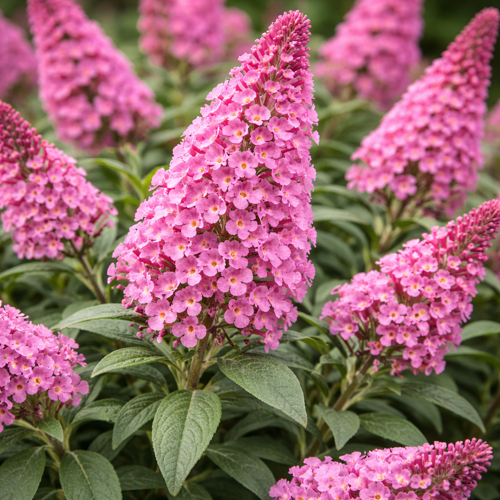Pink butterfly bush flowers with green leaves