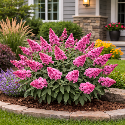 Bush of pink flowers in a garden with a house in the background