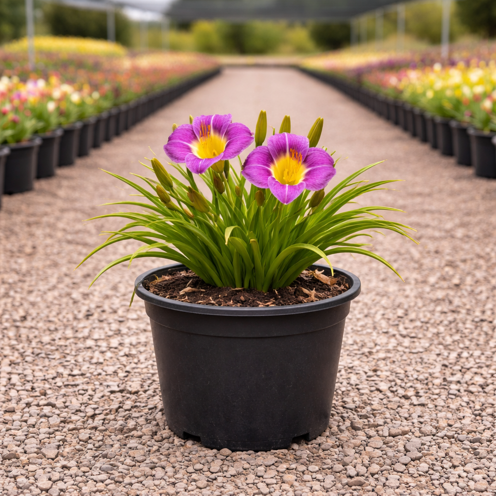 Potted plant with purple flowers in a garden setting