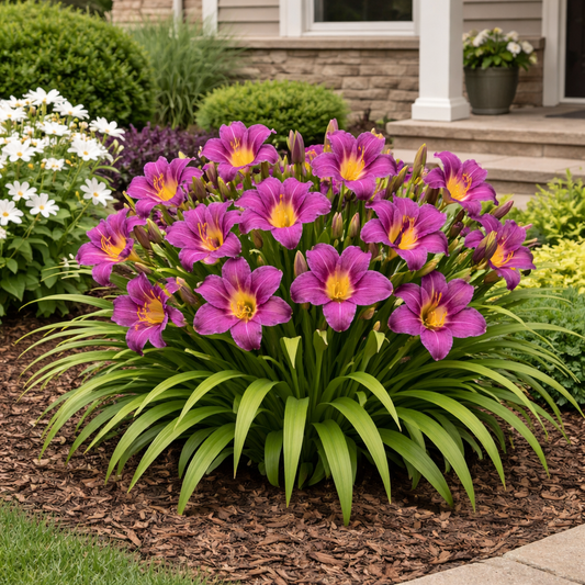 Bouquet of purple flowers with yellow centers in a garden setting.