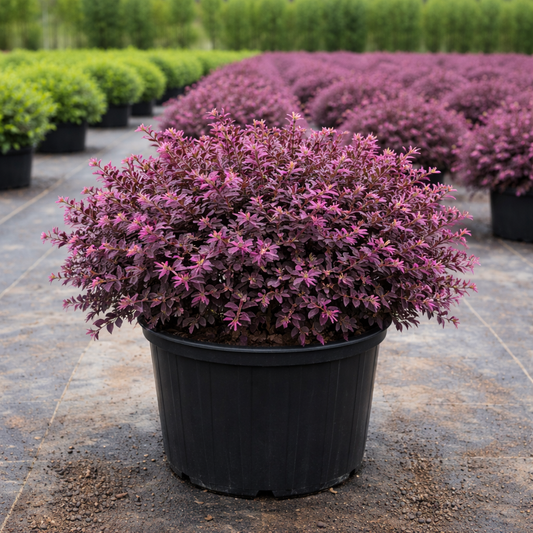 Potted purple shrub in a nursery setting with more plants in the background.